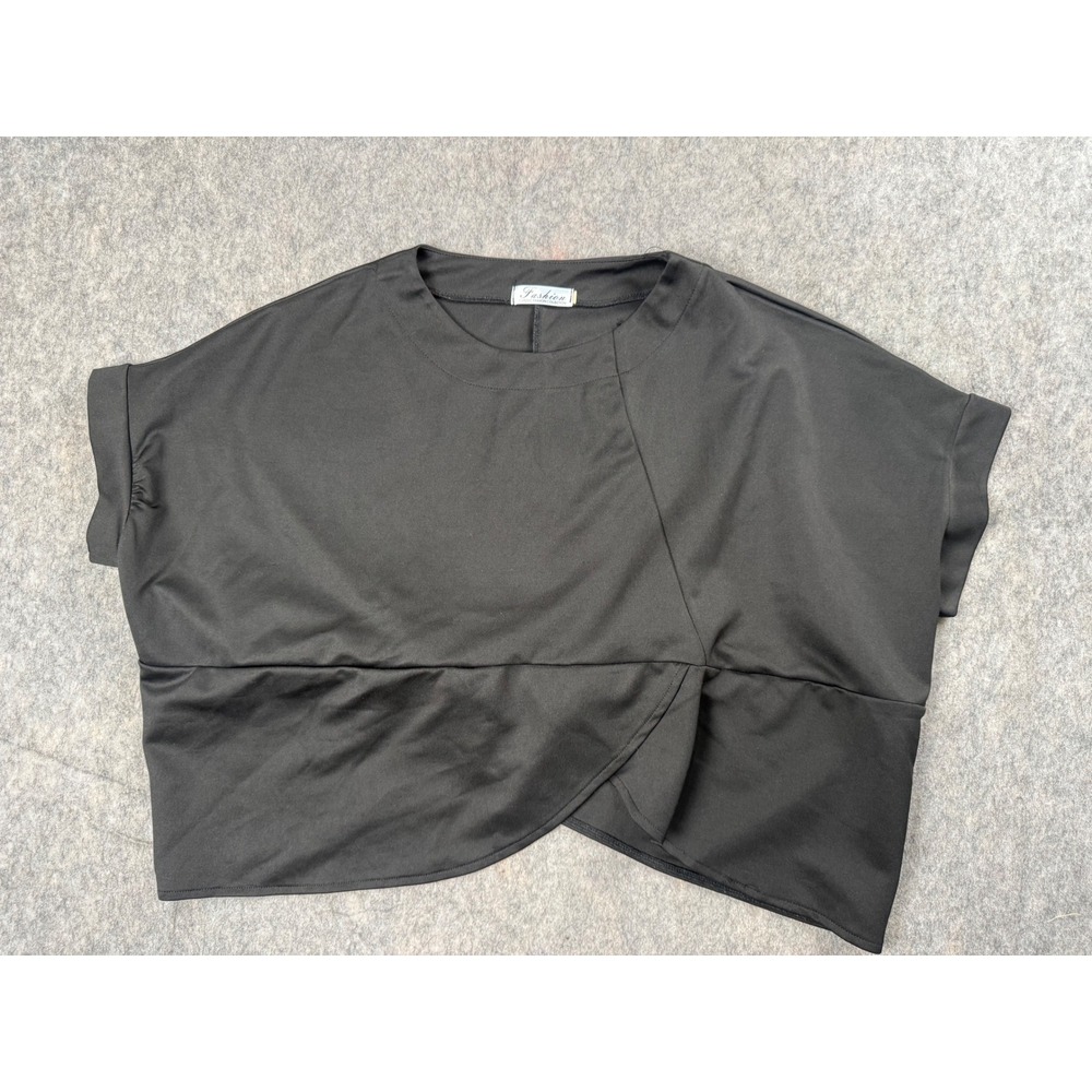 Fashion Classic Top Women Size L Black Stretch Wrap Front Tulip Back Blouse Chic